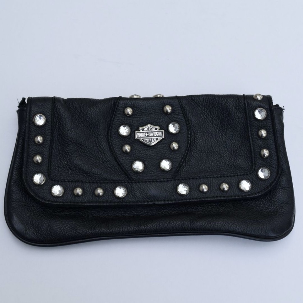 Harley Davidson Black Genuine Leather Clutch Studded Purse